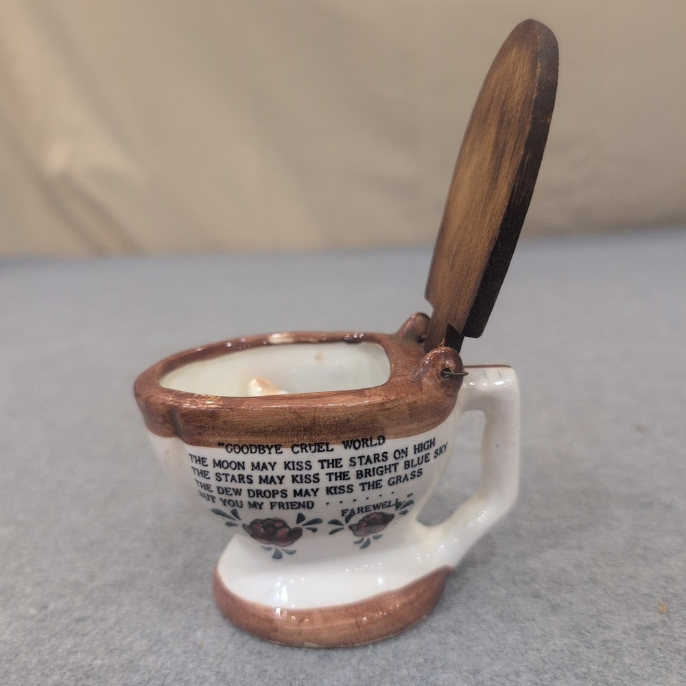 Vintage Ceramic Toilet Goodbye Cruel World Novelty Mug with Wooden Lid Gag Gift - Picture 2 of 6